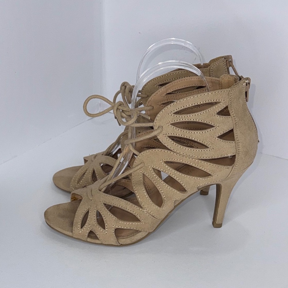 Christian Siriano Stiletto Heel Sandals 8 Tan Caged Lace Up Laser Cut Boho Chic - Picture 3 of 12